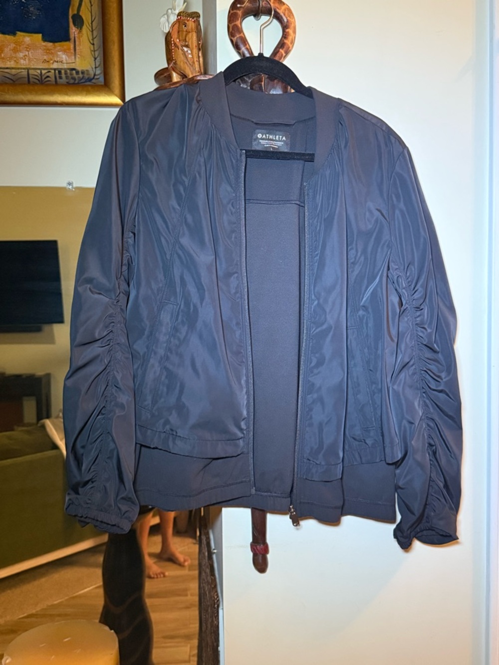 Athleta Navy Ruched-Sleeve Bomber Jacket